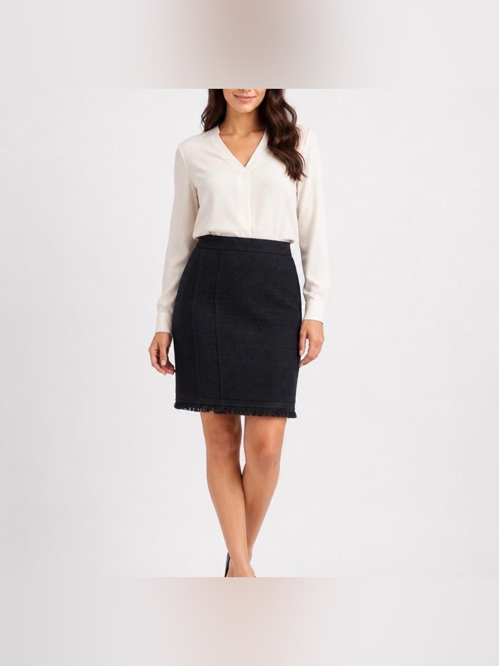 J crew‎ tweed knee length fringe hem pencil skirt
